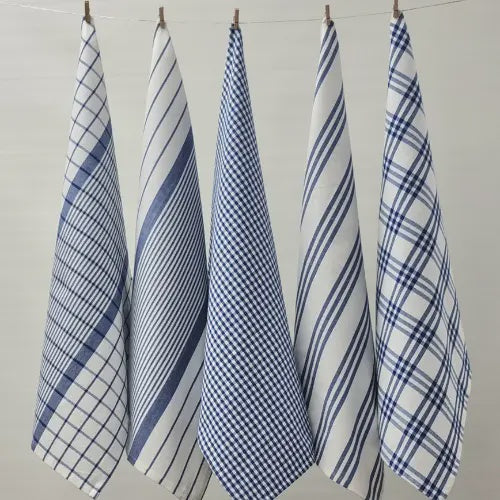 Milan Tea Towels Check & Stripe Designs - Cobalt Blue
