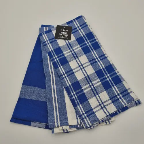 Madrid Stripe & Check Tea Towels|3 Pc Set - Cobalt Blue