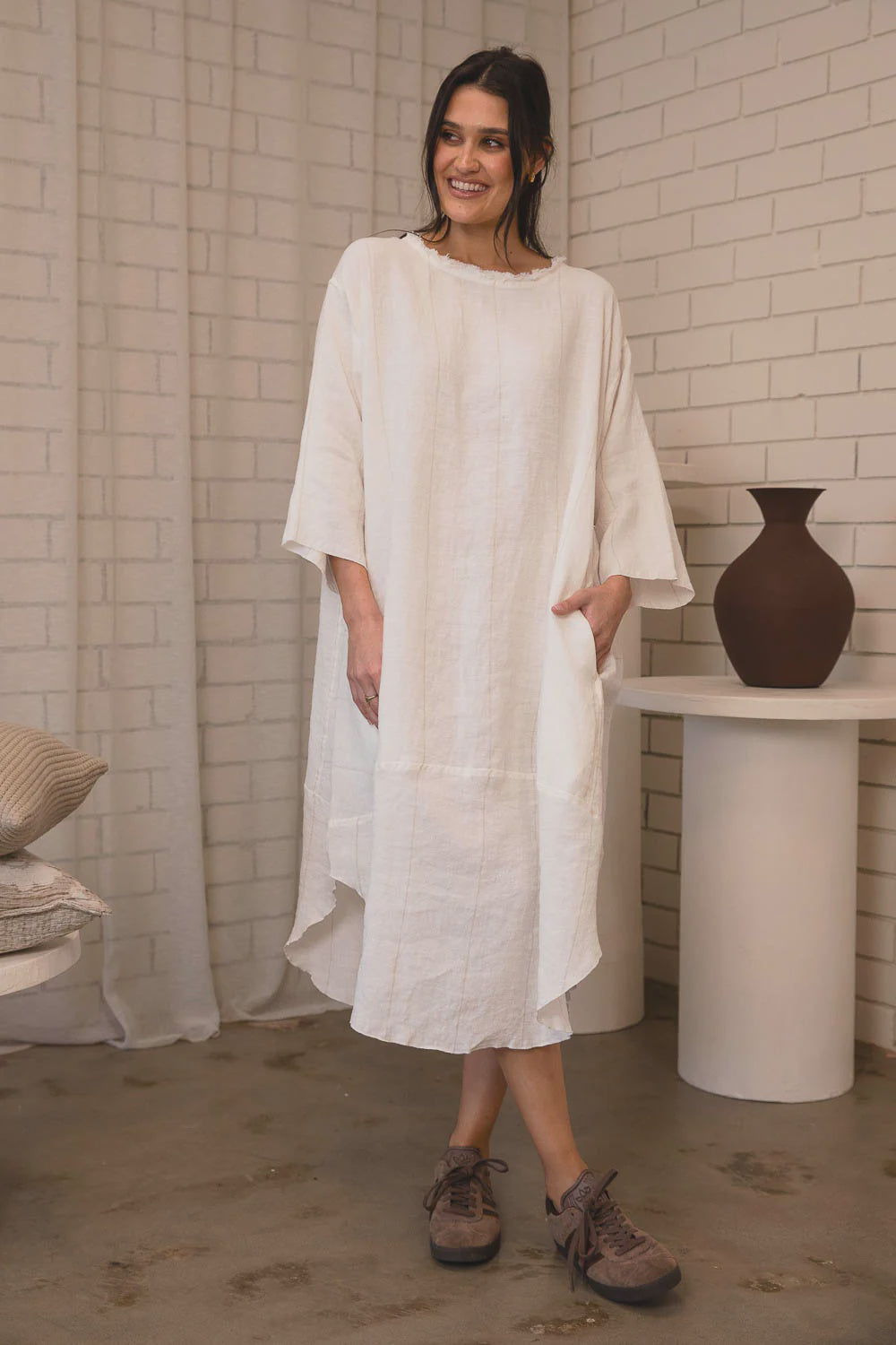 Carter Malle Linen Dress - White With Natural Stripe