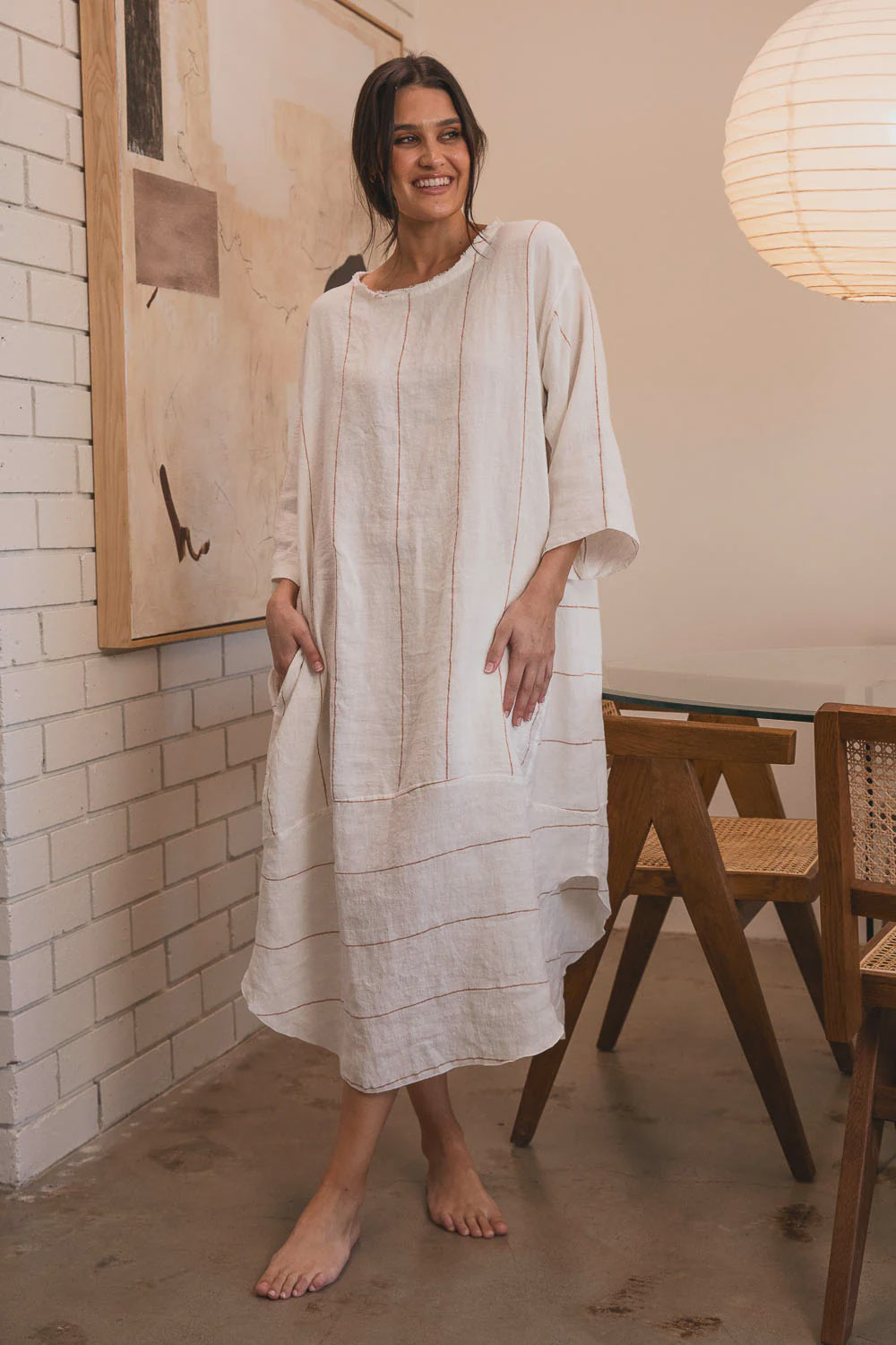 Carter Malle Linen Dress - White With Nutmeg Stripe
