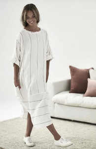 Carter Malle Linen Dress - White With Charcoal Stripe
