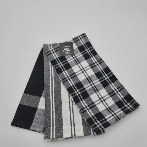 Madrid Stripe & Check Tea Towels | 3 Piece Set - Black