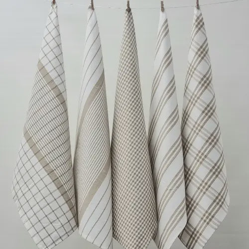 Milan Tea Towels Check & Stripe Designs - Taupe