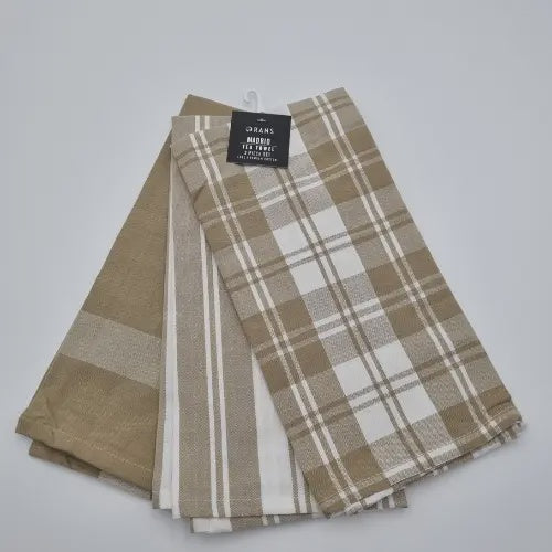 Madrid Stripe & Check Tea Towels | 3 Piece Set - Taupe